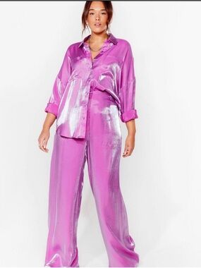 Nasty Gal Metallic Fuchsia Wide Leg Pantsuit